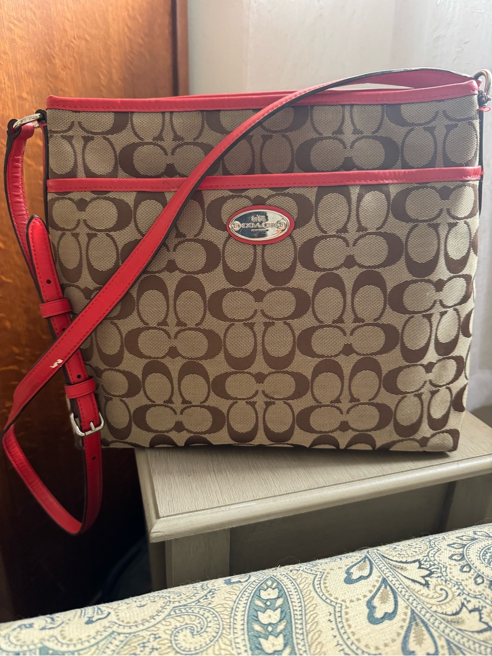 Coach Brown Signature Canvas Crossbody with Red Trim